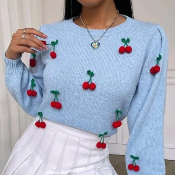 Lantern Sleeve Cherry detailed Knit Sweater Top - Picture 6 of 6